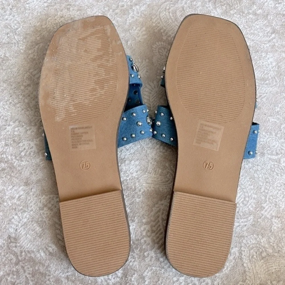 Brand New Madden Girl Denim Blue Silver Tone Metal Studded H-Band Slides Sandals